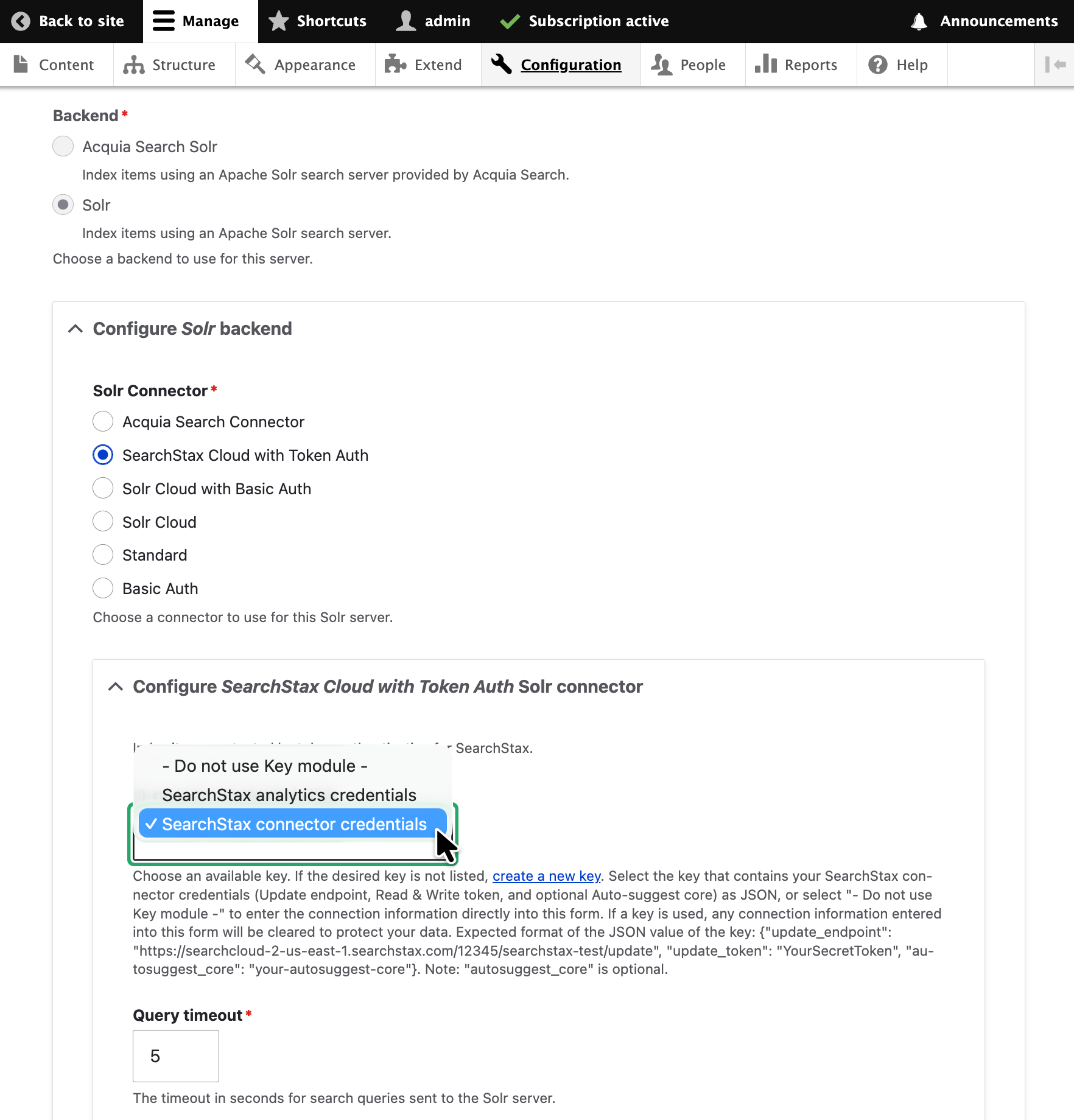 SearchStax settings screen with Analytics credentials key selected in a dropdown.