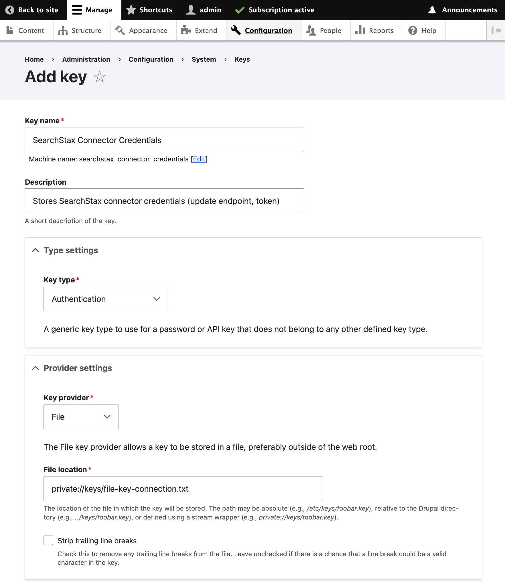 Add key screen in Drupal showing key type set to Authentication and key provider set to File with a private file location.