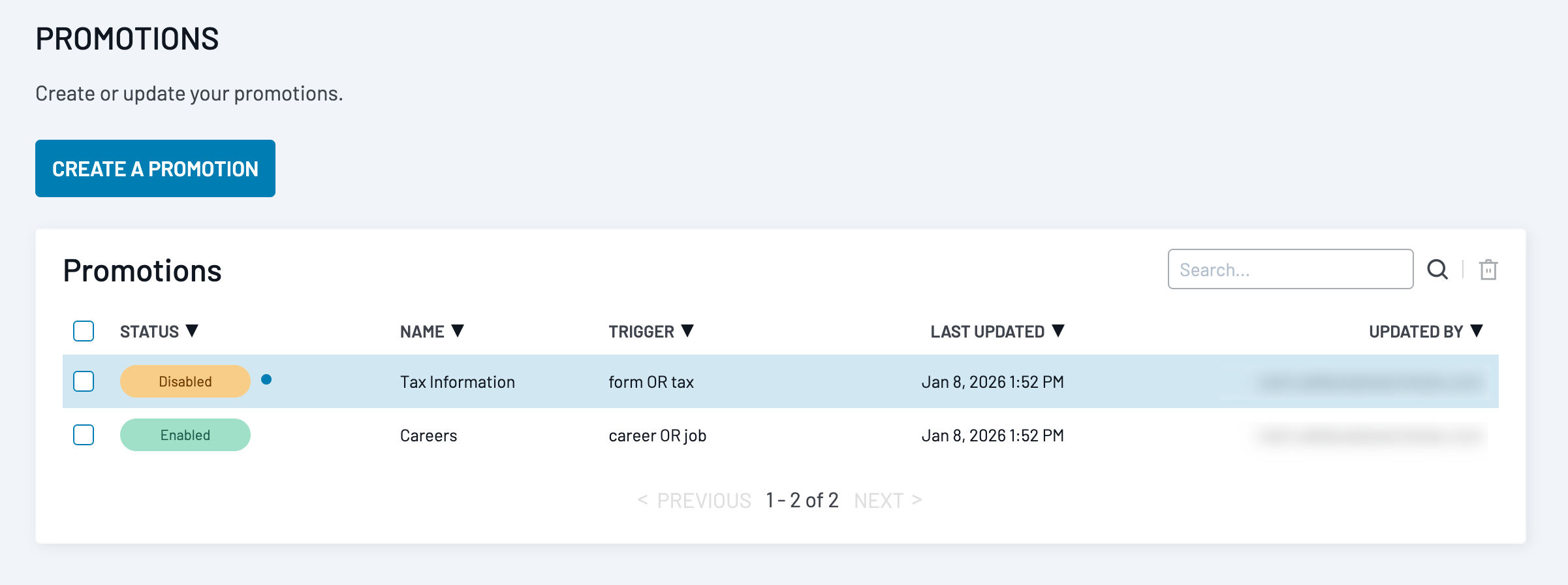 Promotions table showing an indexed promotion with a Missing status label