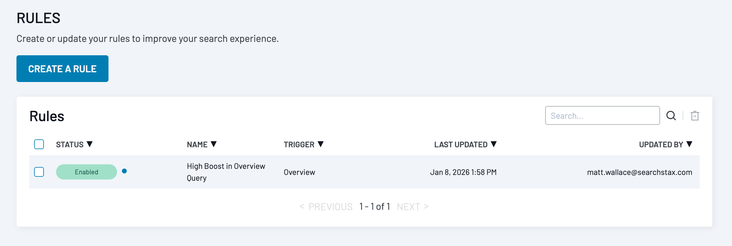 Rules page with Create a Rule button and table listing one enabled rule, trigger Overview, last updated Jan 8, 2026.
