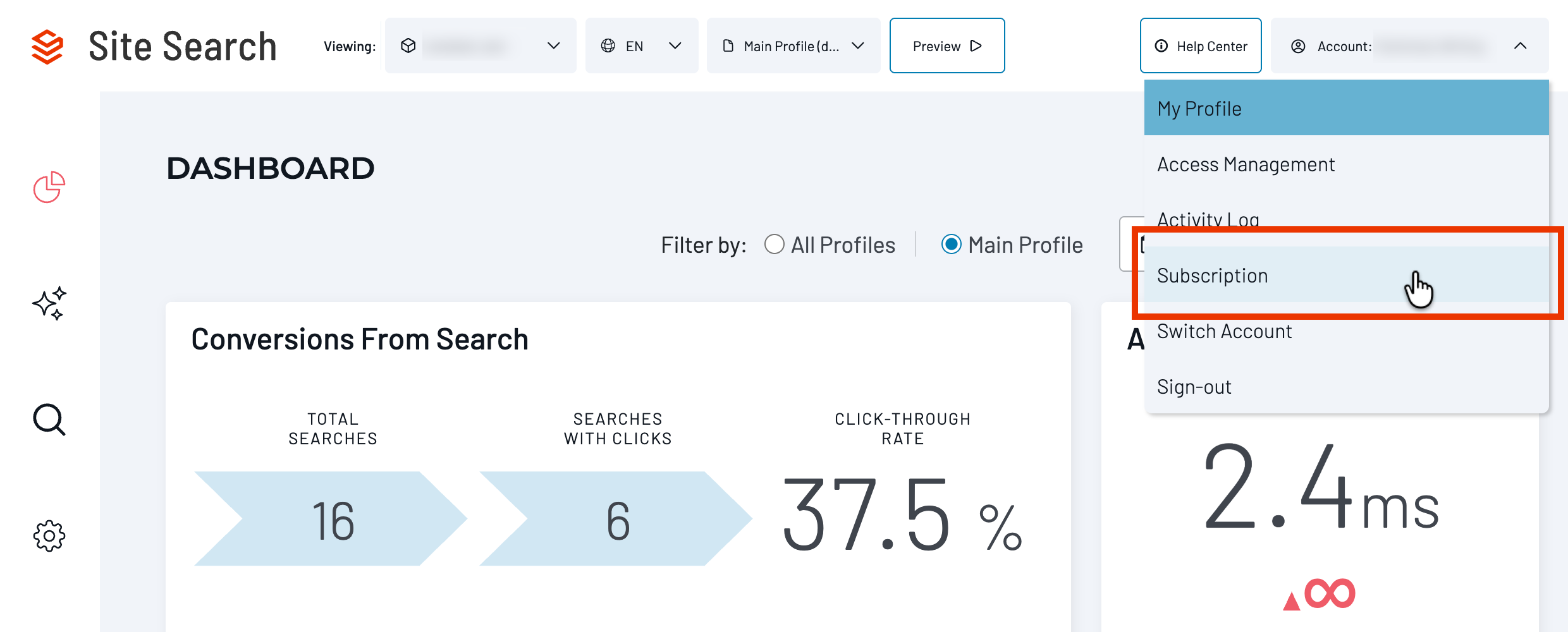 Account menu open in Site Search dashboard with Subscription option highlighted.