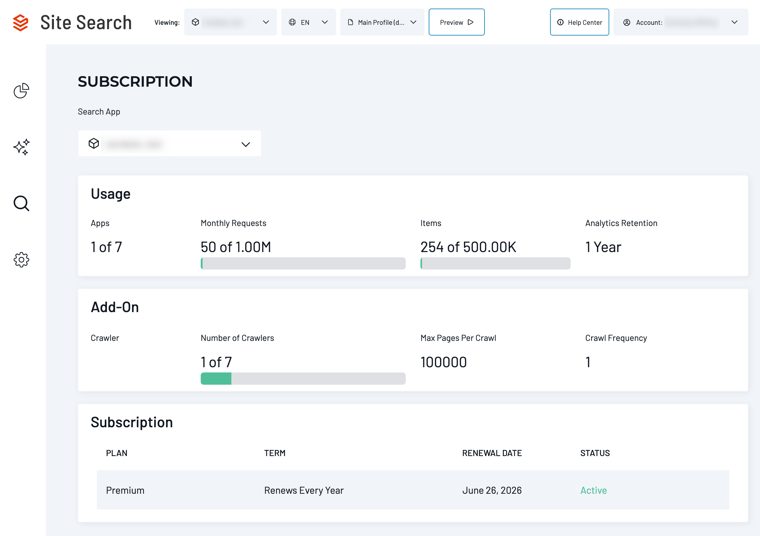 Subscription page with app selector and panels for usage, add-ons, and plan details, including renewal date and status.