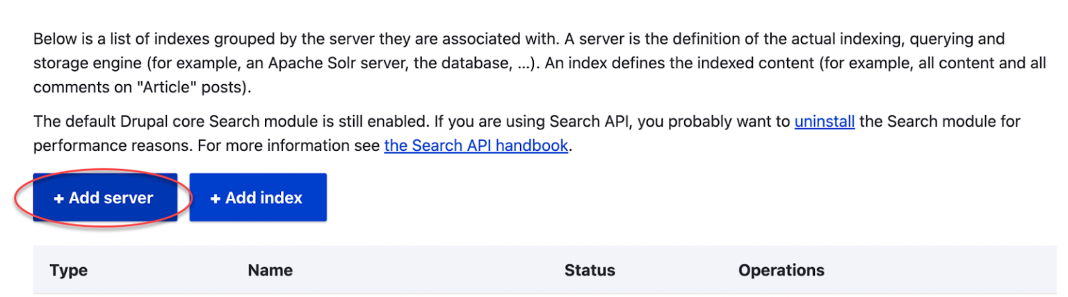 The Search API configuration page showing an empty index list with 