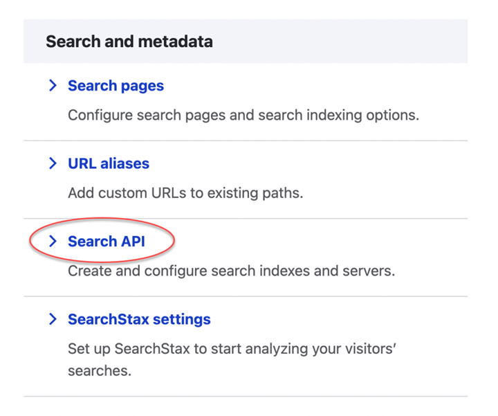 Navigation menu showing search configuration options with Search API link highlighted.