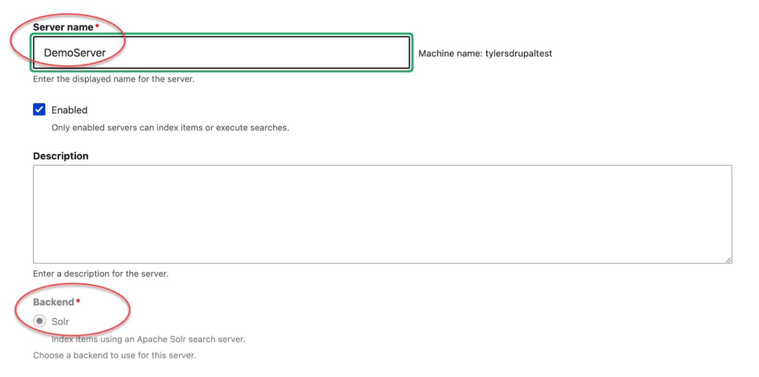 Server configuration form showing 
