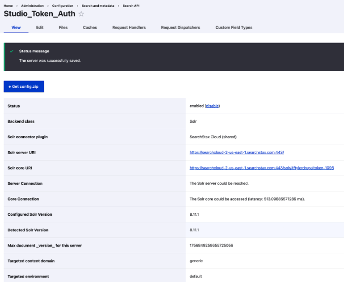 Configuration status page showing successful Solr server connection with version 8.11.1 and connection latency details.