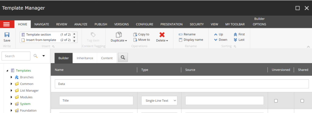 Template Manager interface showing Builder tab with Template section and content field configuration options.