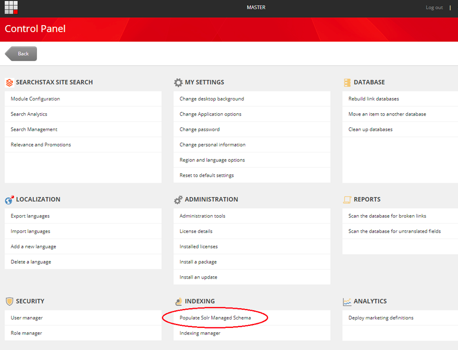 Control Panel interface showing various system modules with Populate Solr Managed Schema option highlighted under the Indexing section.
