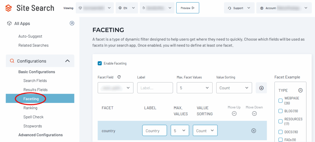 Faceting configuration panel showing fields, labels, and value sorting options with example facet types displayed on the right.