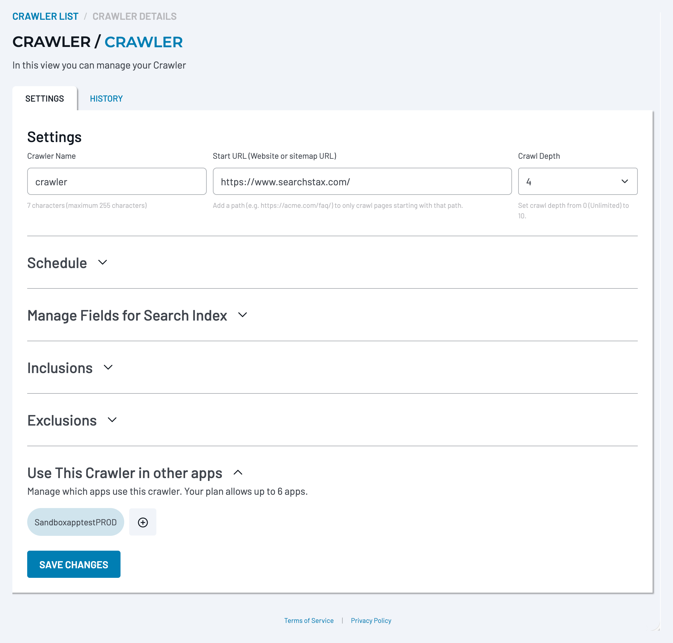 Crawler settings showing associated Apps selection from a primary App.