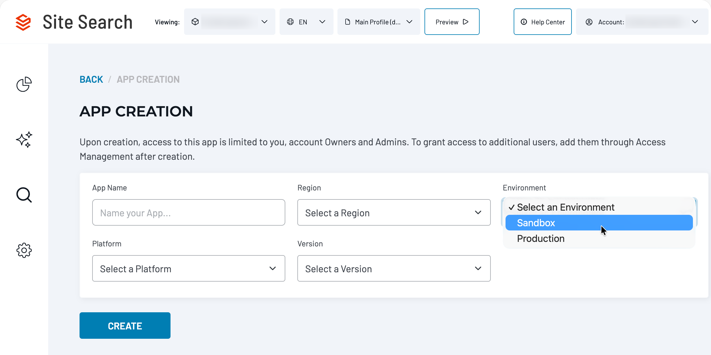 Create App screen with Production and Sandbox environment options.
