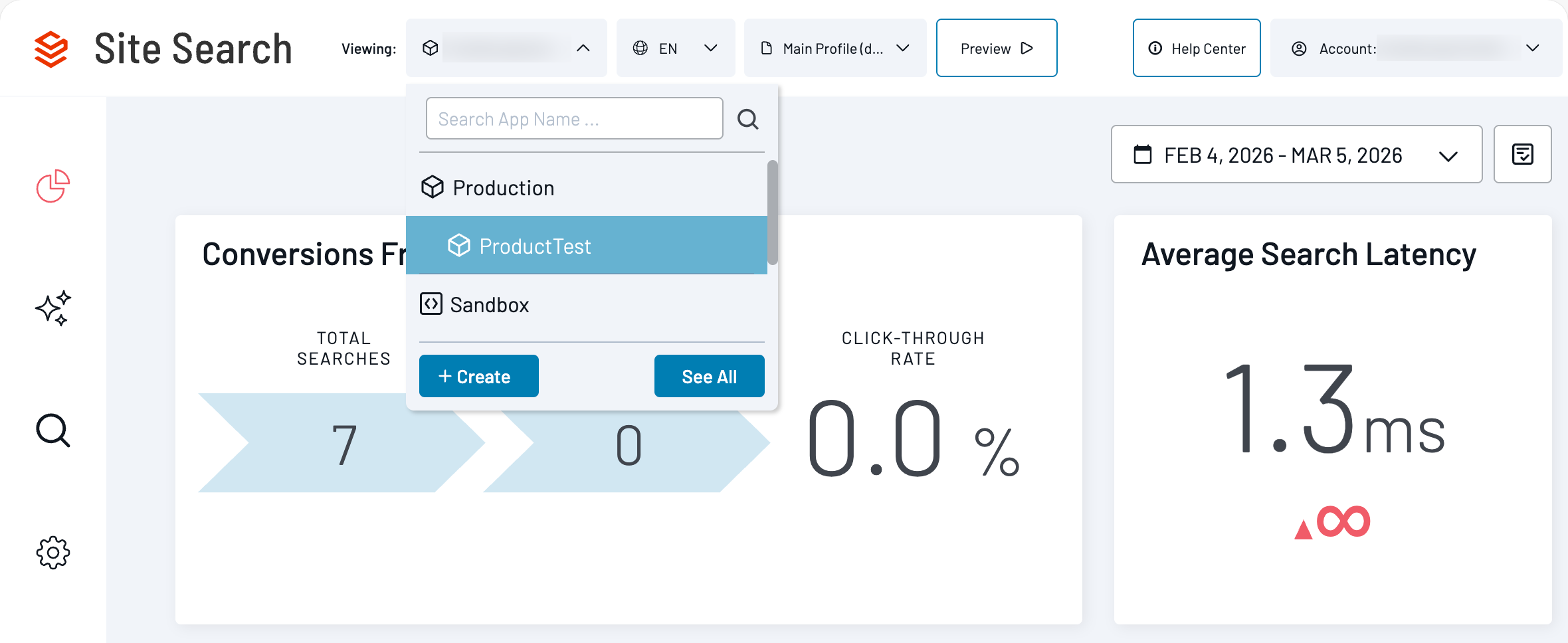 Apps dropdown with All Apps first, then Production and Sandbox groups.