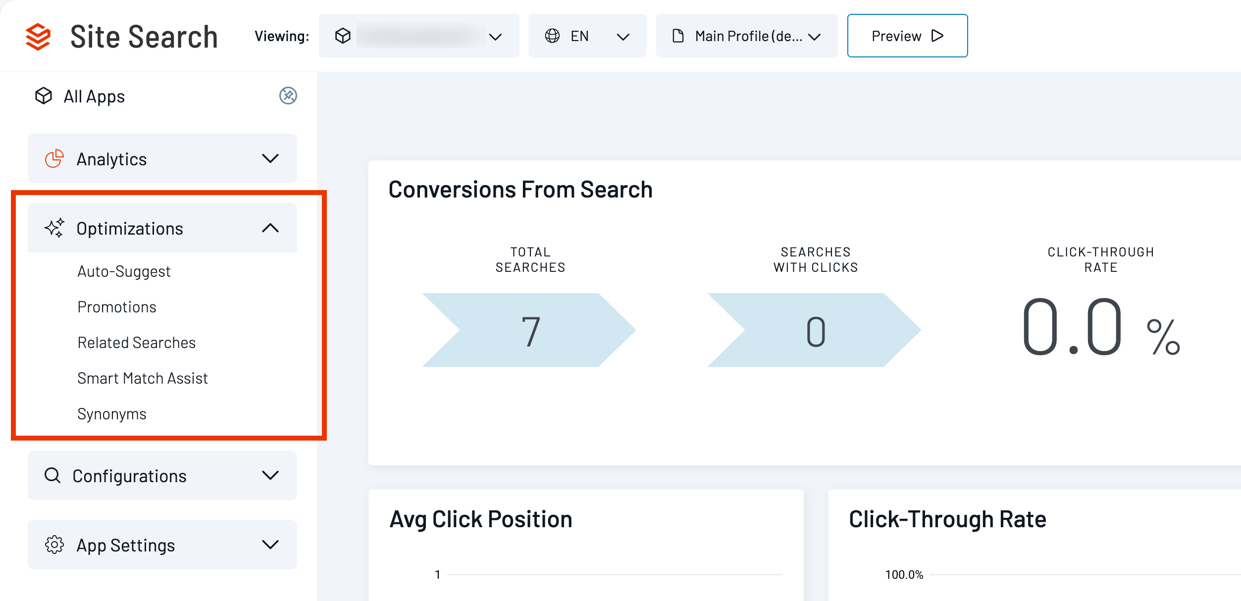 Left navigation with Optimizations items listed in alphabetical order.
