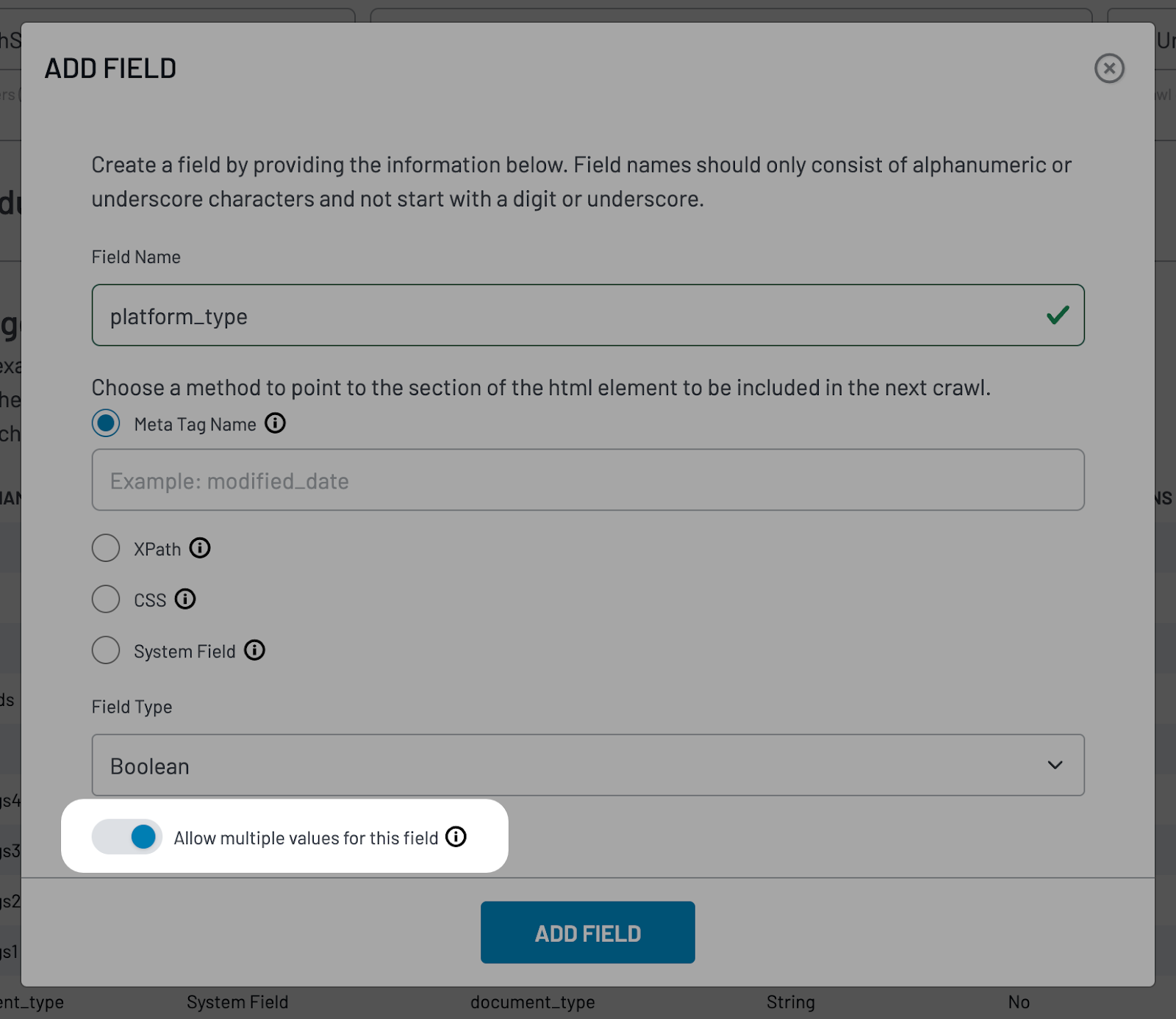 Crawler field editor with multiple value option enabled.
