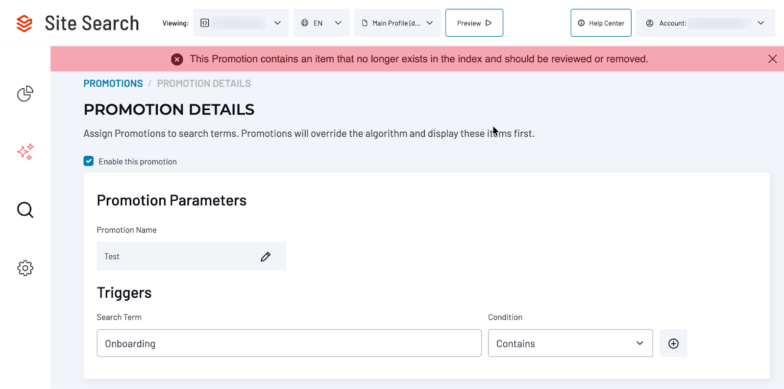 Internal Promotion detail view with warning banner for missing indexed item.