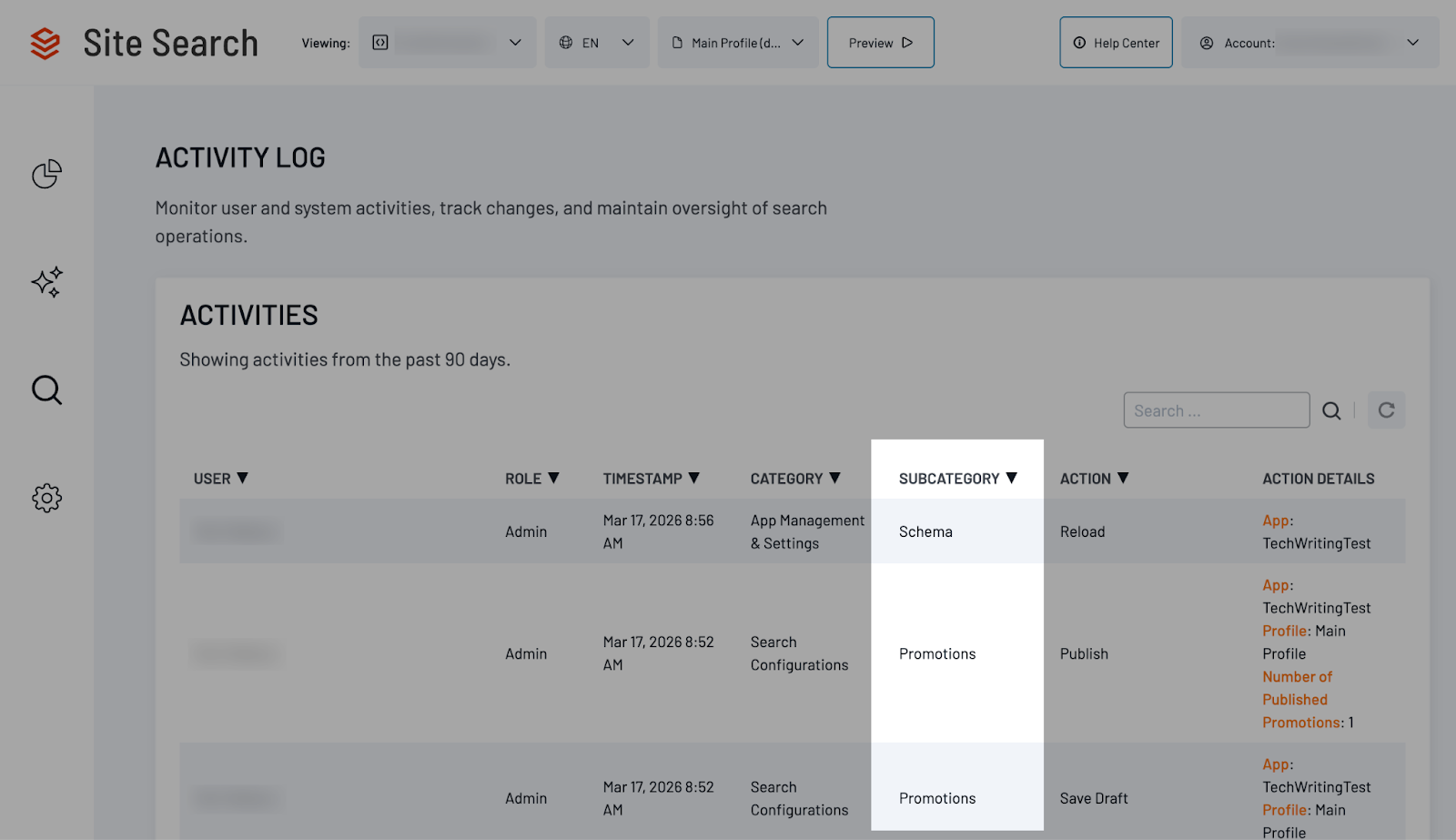 Activity Logs table with Subcategory column between Category and Action.