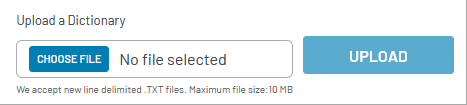 The file upload interface for dictionary suggestions with a choose file button, selected status, and upload button.
