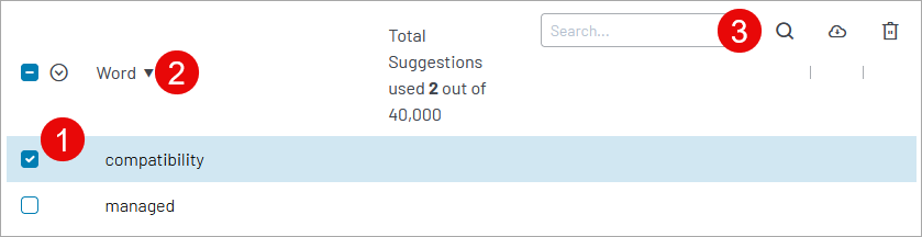 Auto-suggest interface showing search suggestions list with compatibility filter selected and two suggestions used out of 40,000 available.