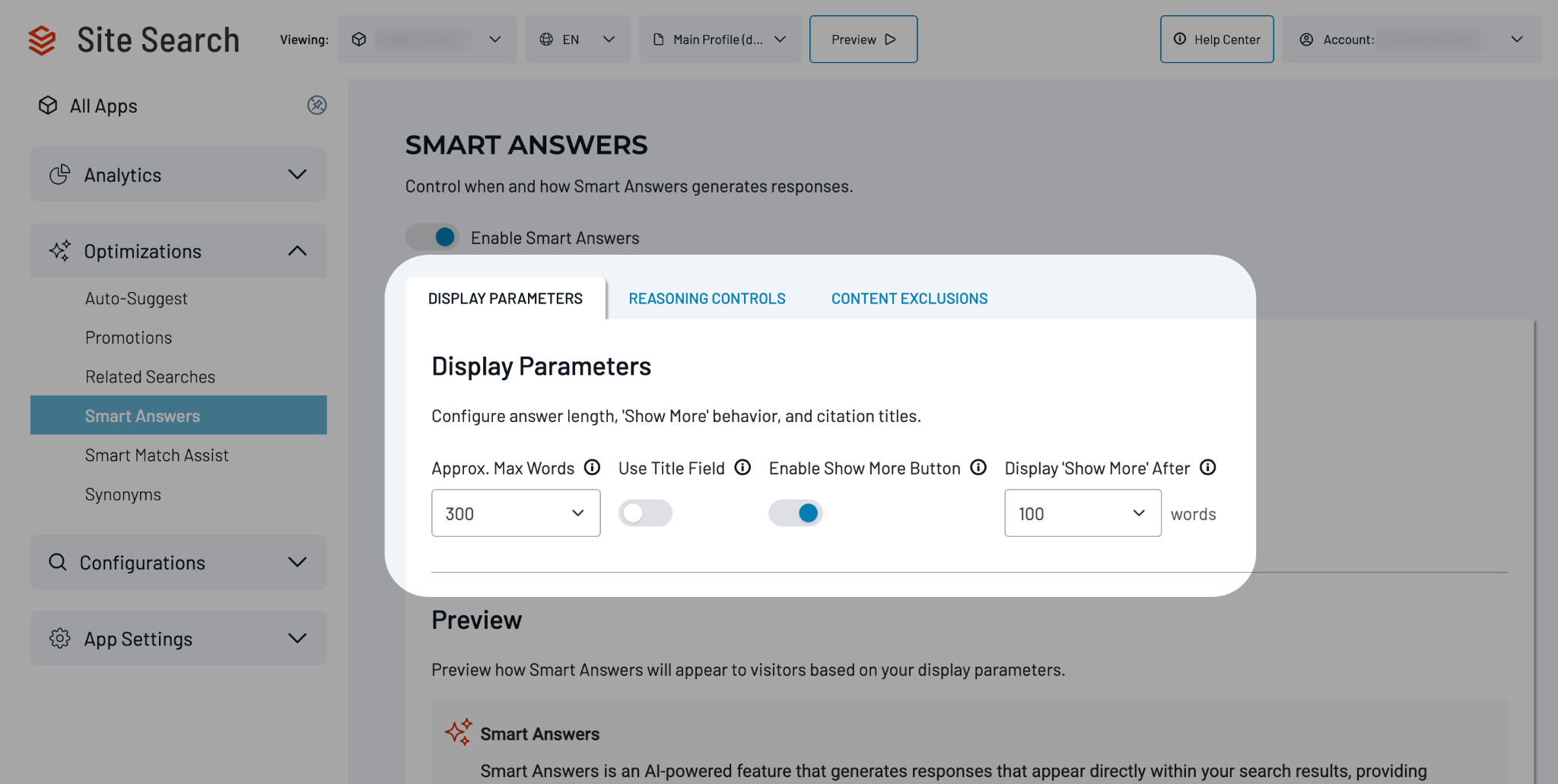 Display Parameters tab showing settings for answer length, citation titles, and Show More behavior
