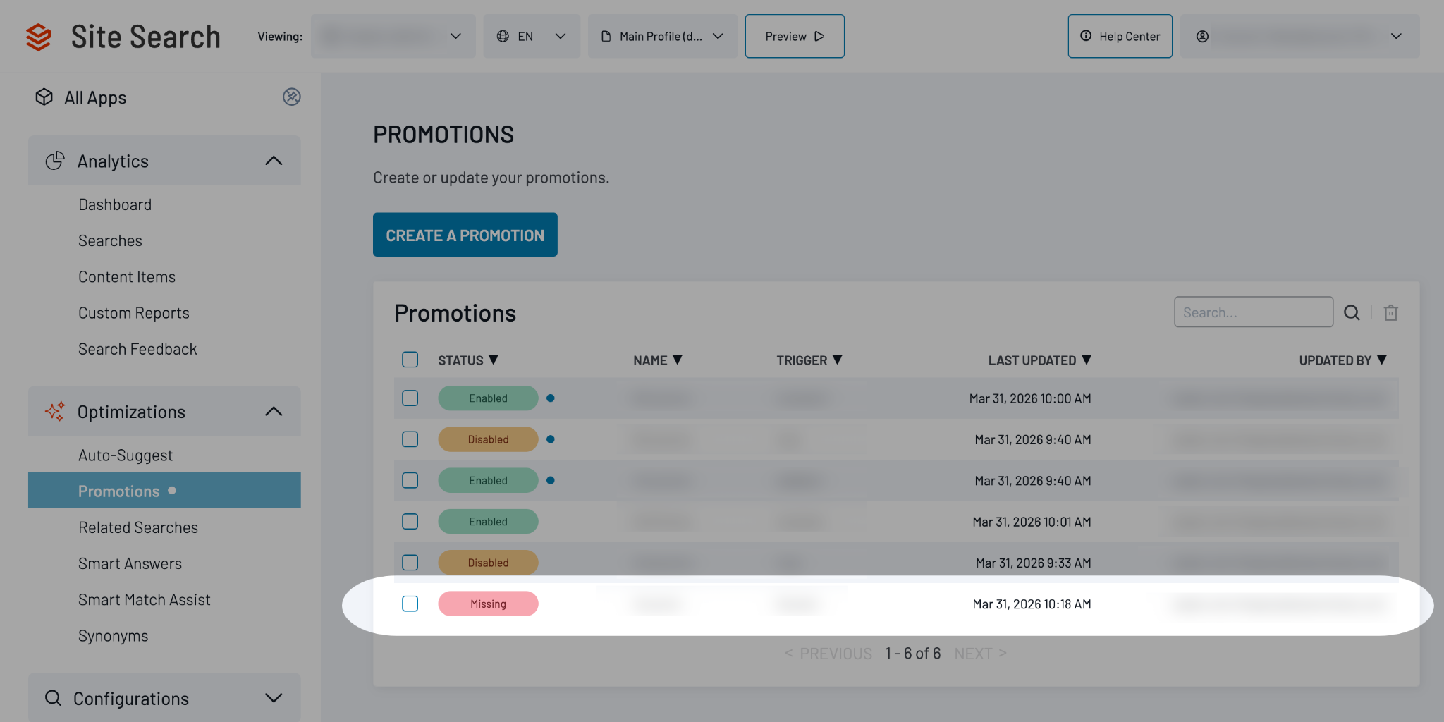 Promotions table showing the Missing status tag for a promotion