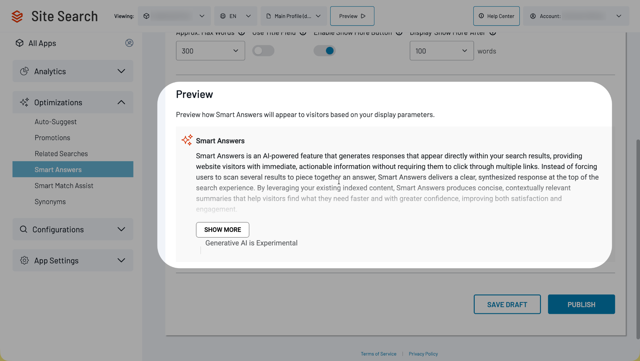 Smart Answers preview section showing how display settings affect the answer layout