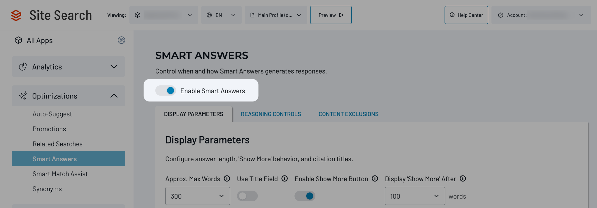 Smart Answers settings page under Optimizations with the Enable Smart Answers toggle