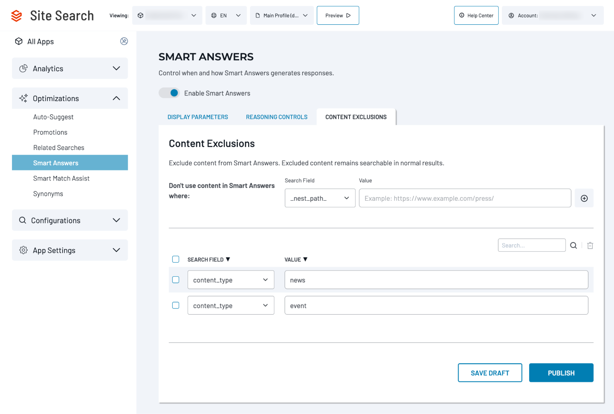 Content Exclusions tab showing search field and value rules used to exclude sources from Smart Answers.