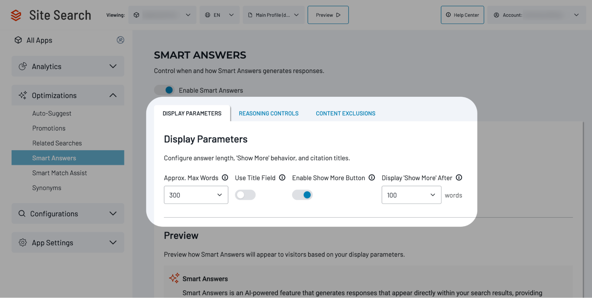 Display Parameters tab showing answer length settings, Use Title Field, Show More, and the Smart Answers preview area.