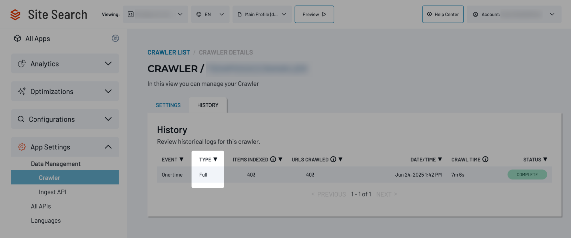 Crawler History tab showing the Type column with Full and Incremental crawl entries.