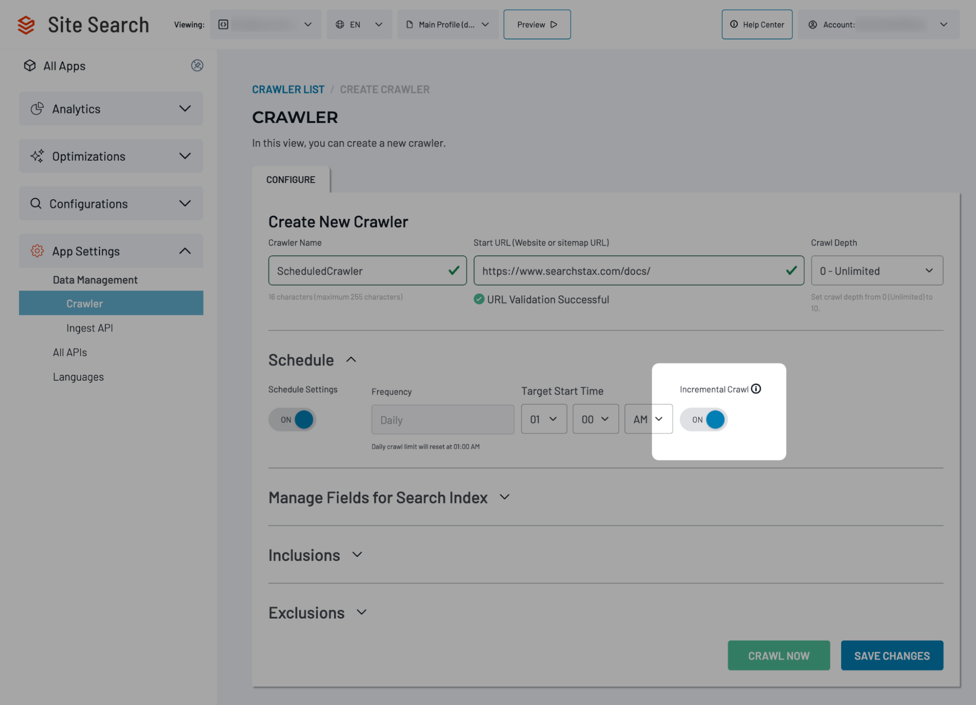 Crawler Schedule settings showing the Incremental Crawl option enabled for a scheduled crawler.