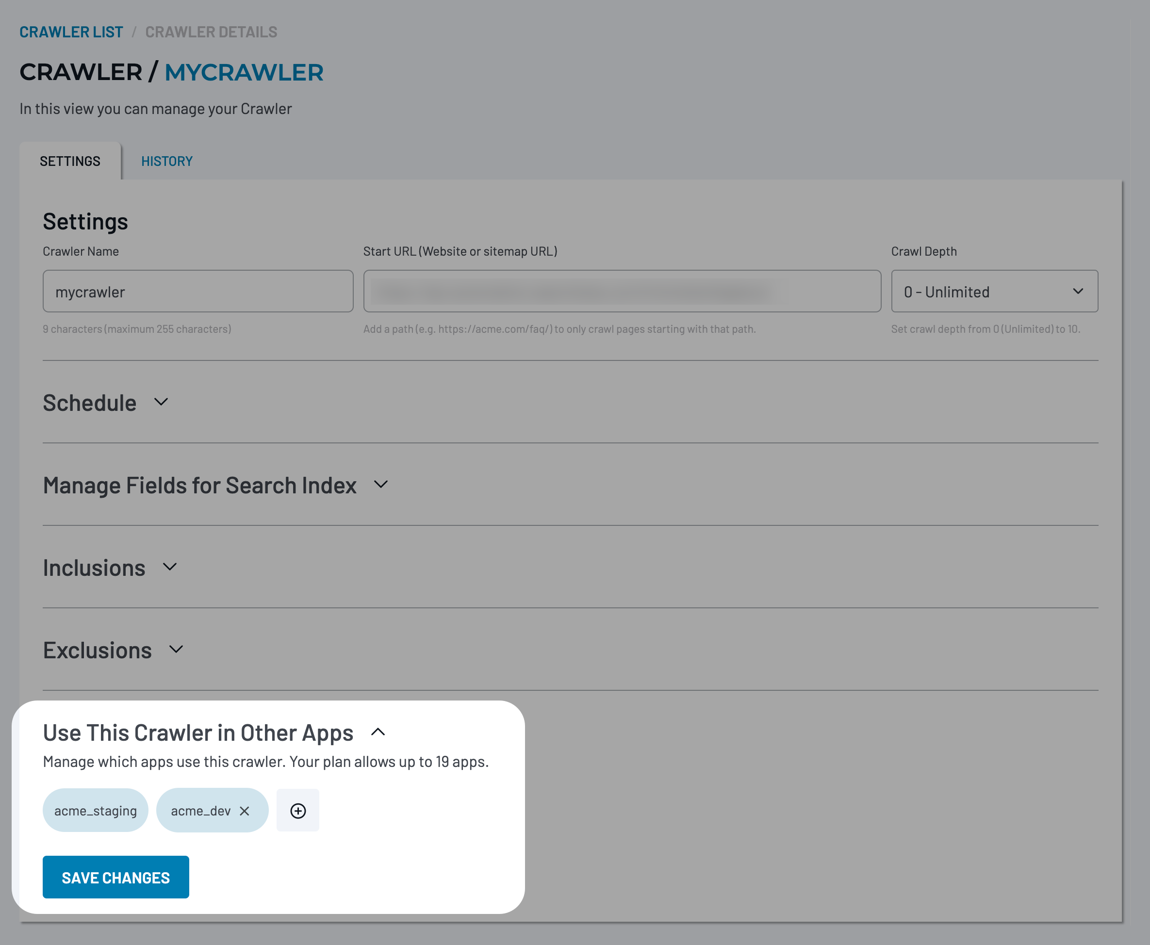 Crawler settings showing the Use this crawler in other apps section for a crawler that can be used in additional apps.