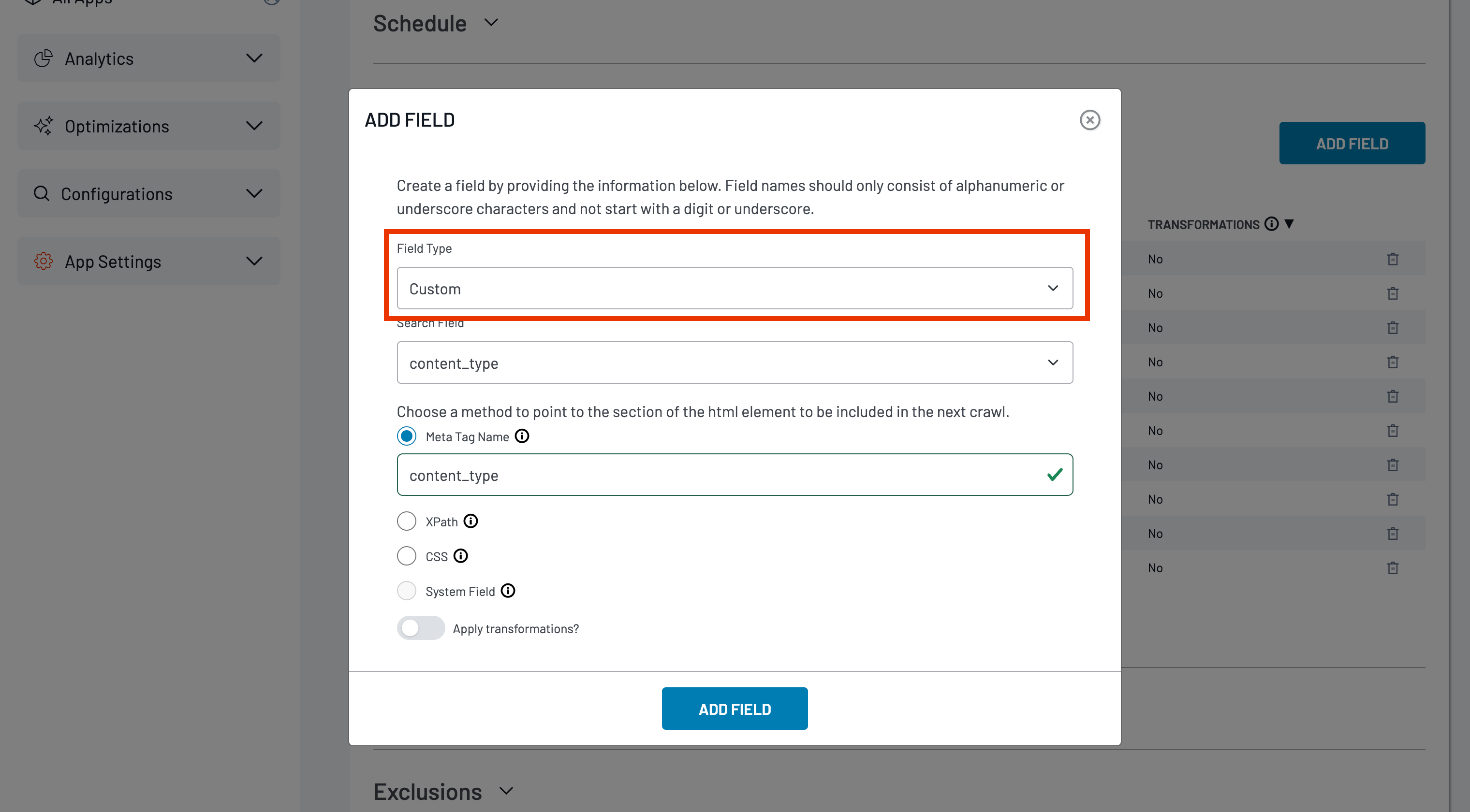 Add Field window showing Custom as a field type. Suggested alt text: Add Field window in crawler settings showing Custom selected in the Field Type list.