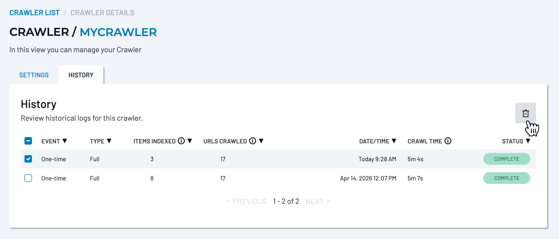 Crawler History showing crawl events selected for deletion and status values that determine whether a crawl can be selected.