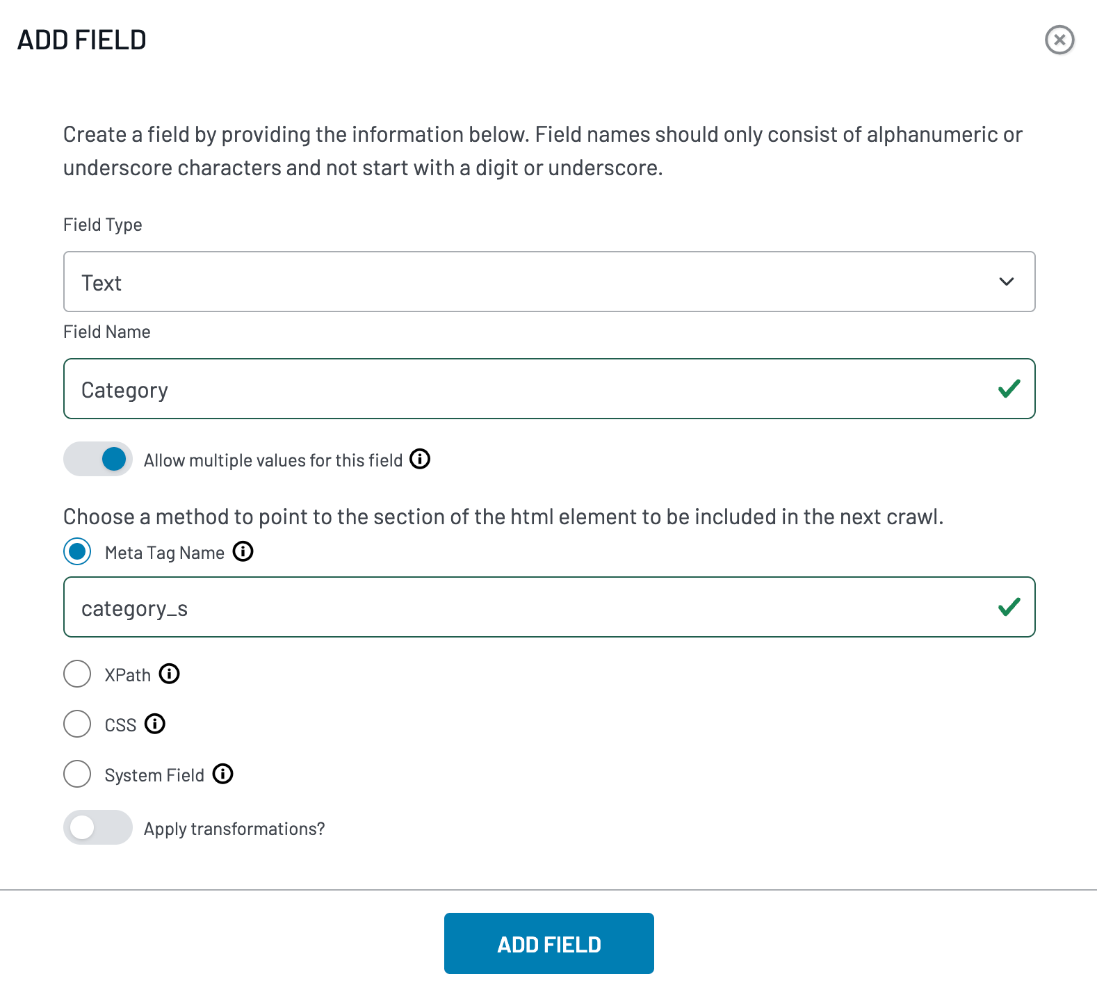 Add Field window in crawler settings showing Text selected in the Field Type list.