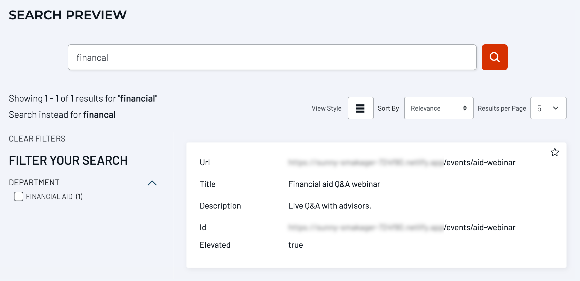 Site Search Preview showing a corrected misspelled query and ranked results.