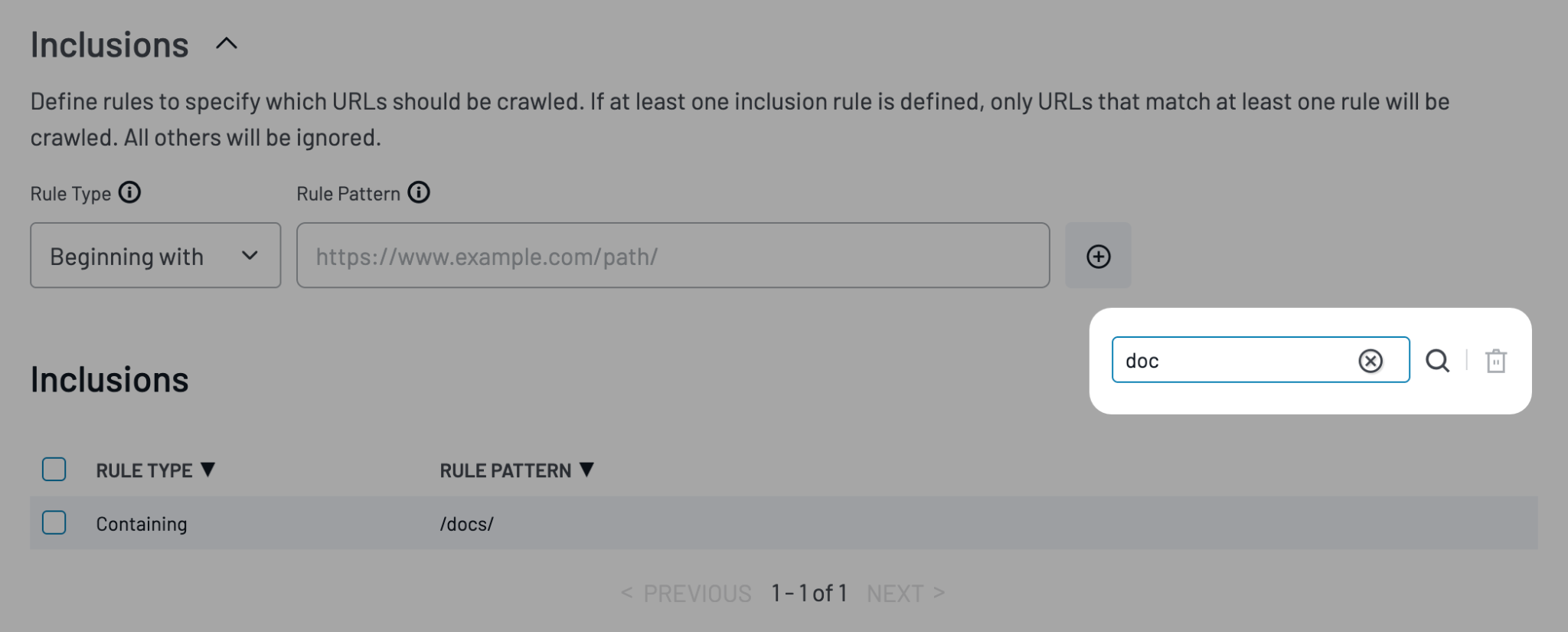 Crawler Inclusions table with a search field for filtering rule patterns.