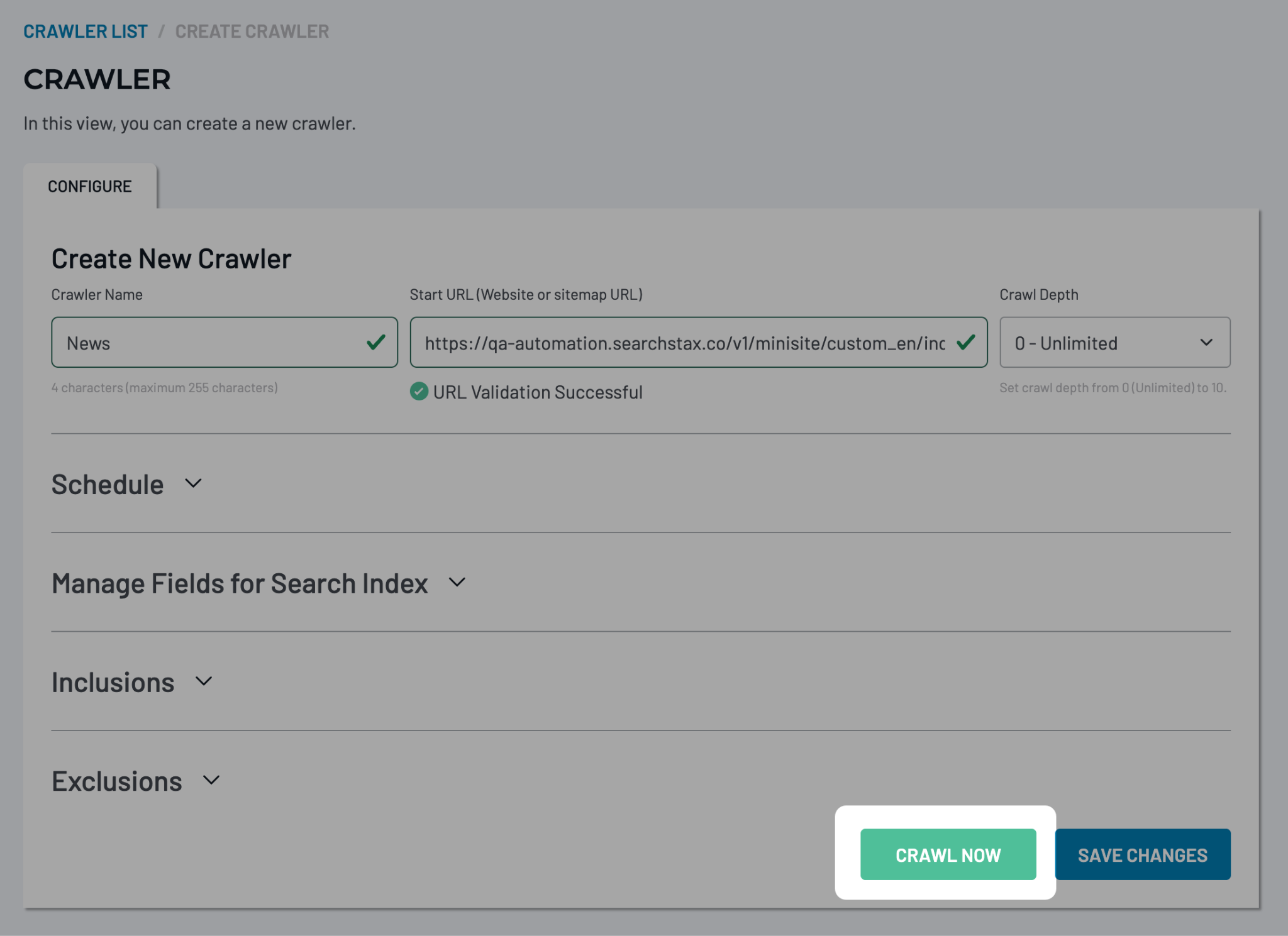 Crawler Settings page showing Crawl Now and Save Changes buttons.