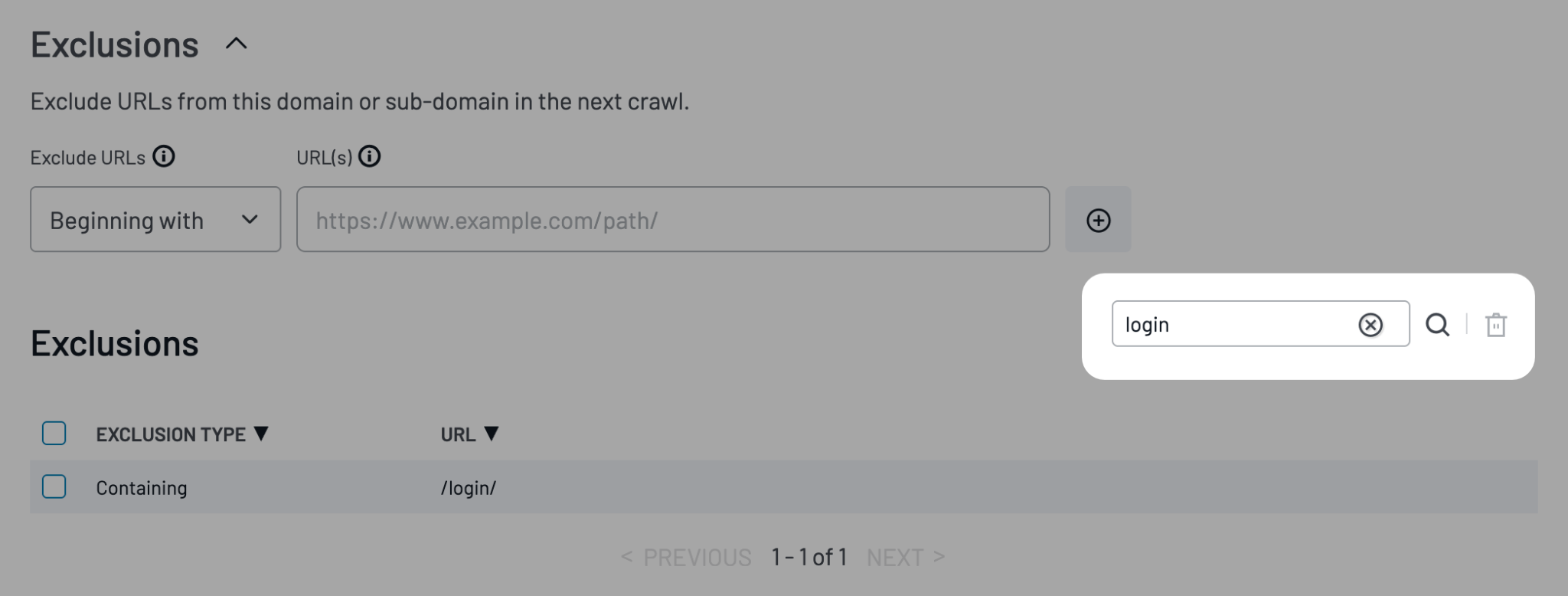 Crawler Exclusions table with a search field for filtering URLs.