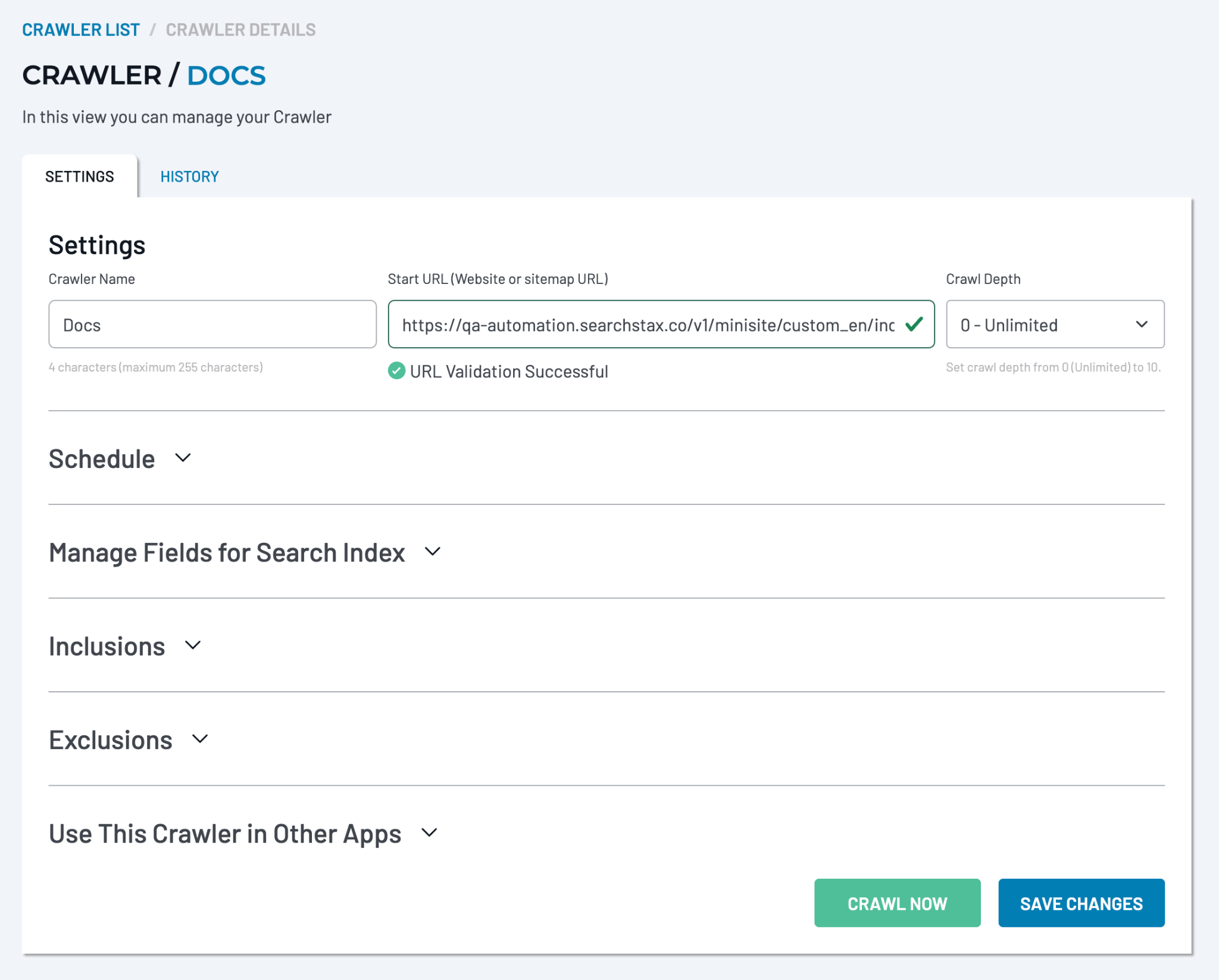 Crawler Settings screen for a crawler named Docs with a validated start URL, crawl depth set to 0 Unlimited, and Crawl Now and Save Changes buttons.