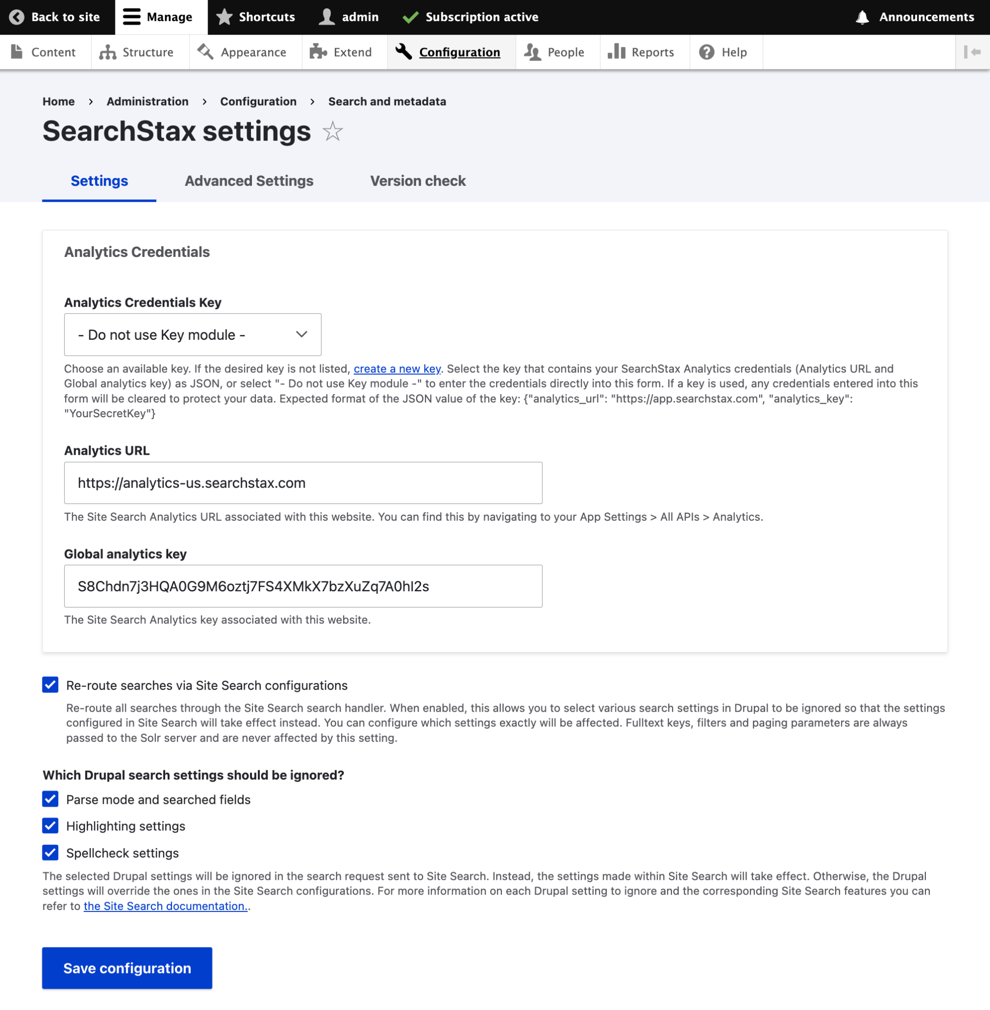 SearchStax settings page showing Analytics Credentials, Site Search routing options, Drupal settings to ignore, and Save configuration.