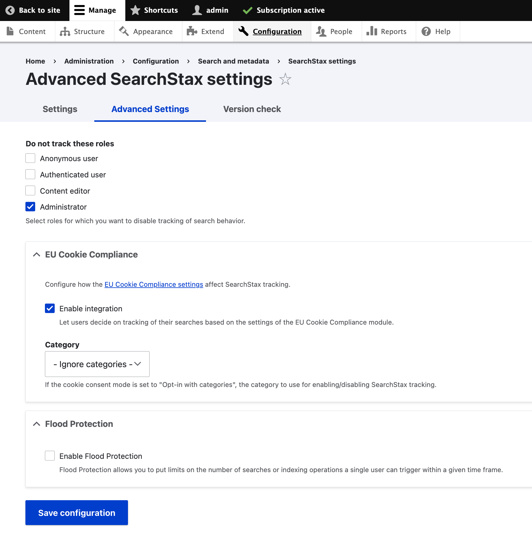 Advanced SearchStax settings page showing role tracking exclusions, EU Cookie Compliance, Flood Protection, and Save configuration.