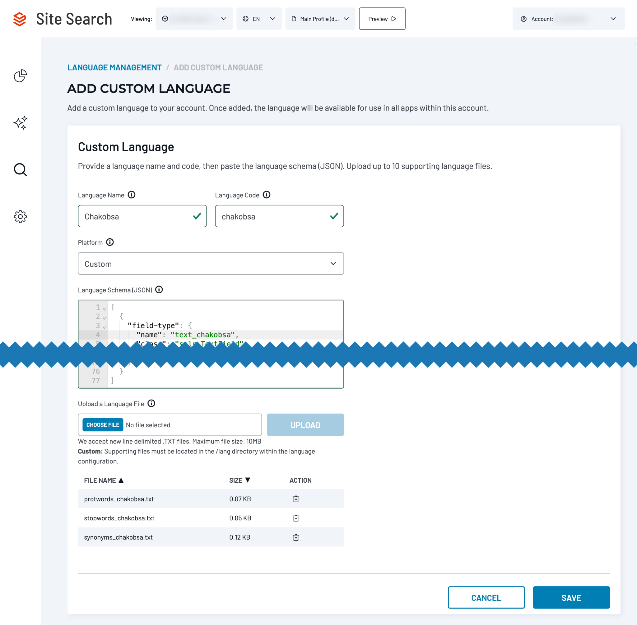 Add Custom Language page showing language name, code, platform, schema JSON, and file upload fields.