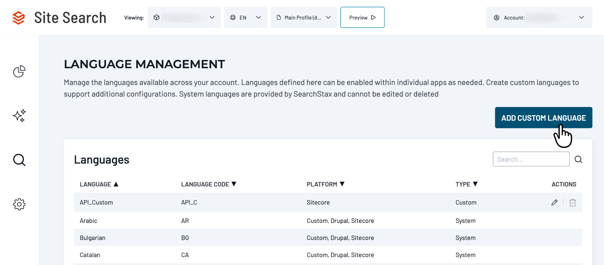 Language Management page showing the search field and Add Custom Language button.