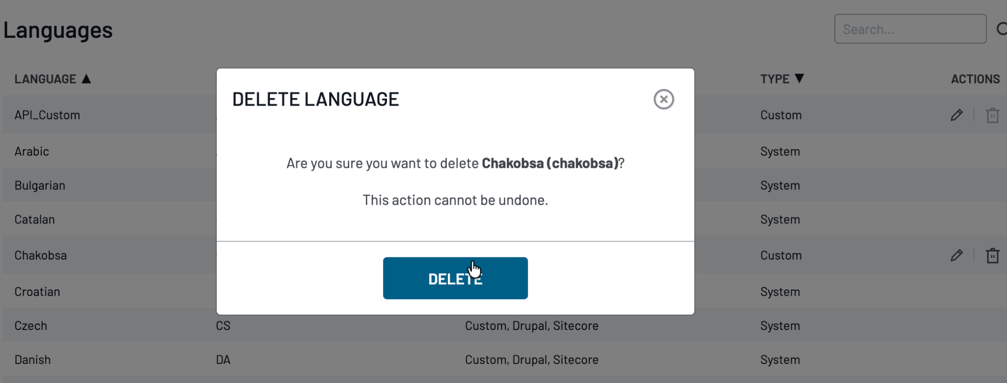 Delete Language popup asking the user to confirm deletion of a custom language, with Cancel and Delete buttons.