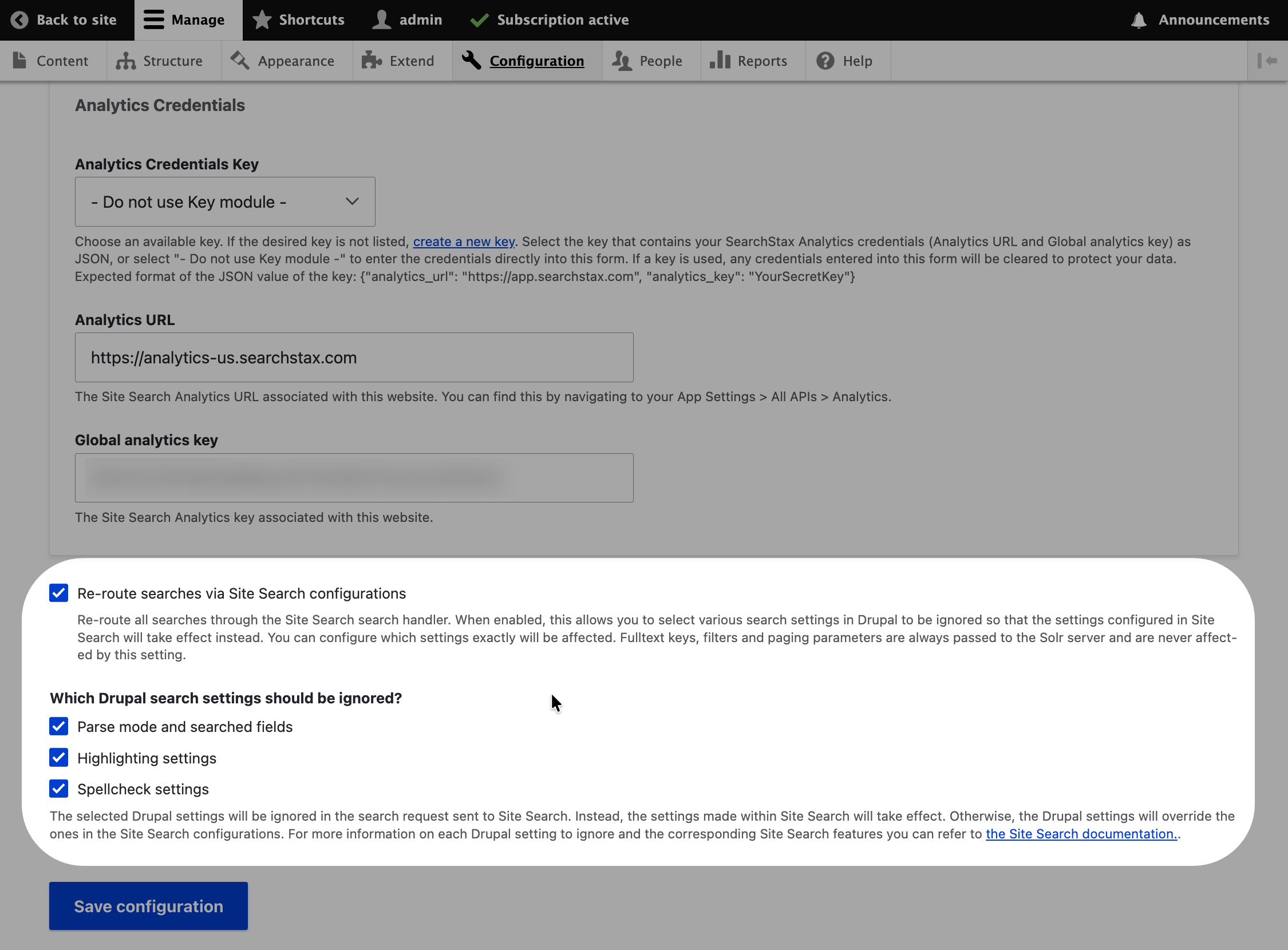 SearchStax settings page showing Re-route searches via Site Search configurations, Parse mode and searched fields, Highlighting settings, and Spellcheck settings selected.