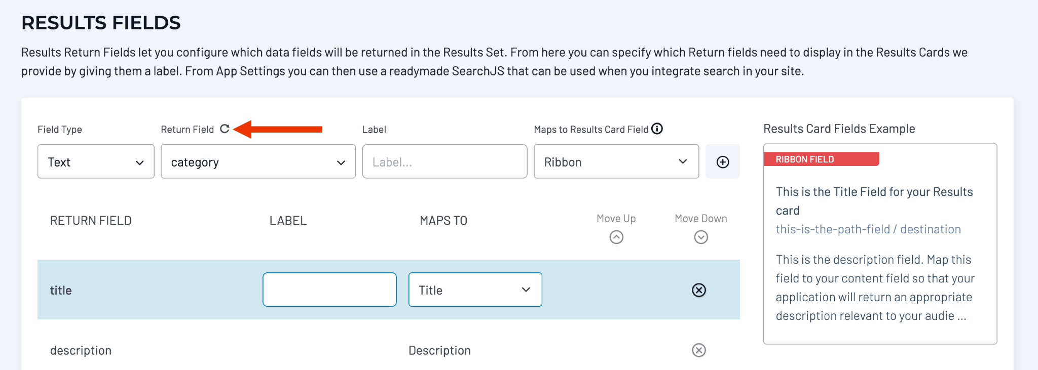 Results Fields screen with Field Type set to Text and Return Field set to category, with an arrow pointing to Reload Schema.