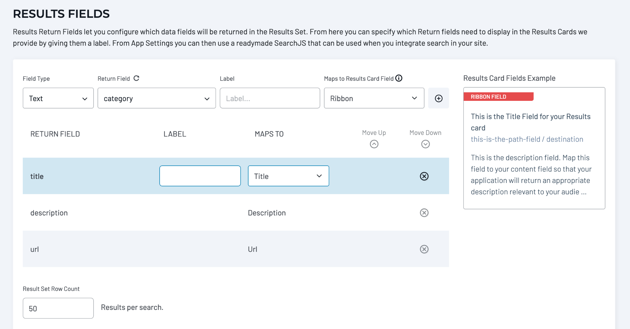 Results Fields screen with Field Type set to Text and Return Field set to category, with title, description, and url mapped to a result card.