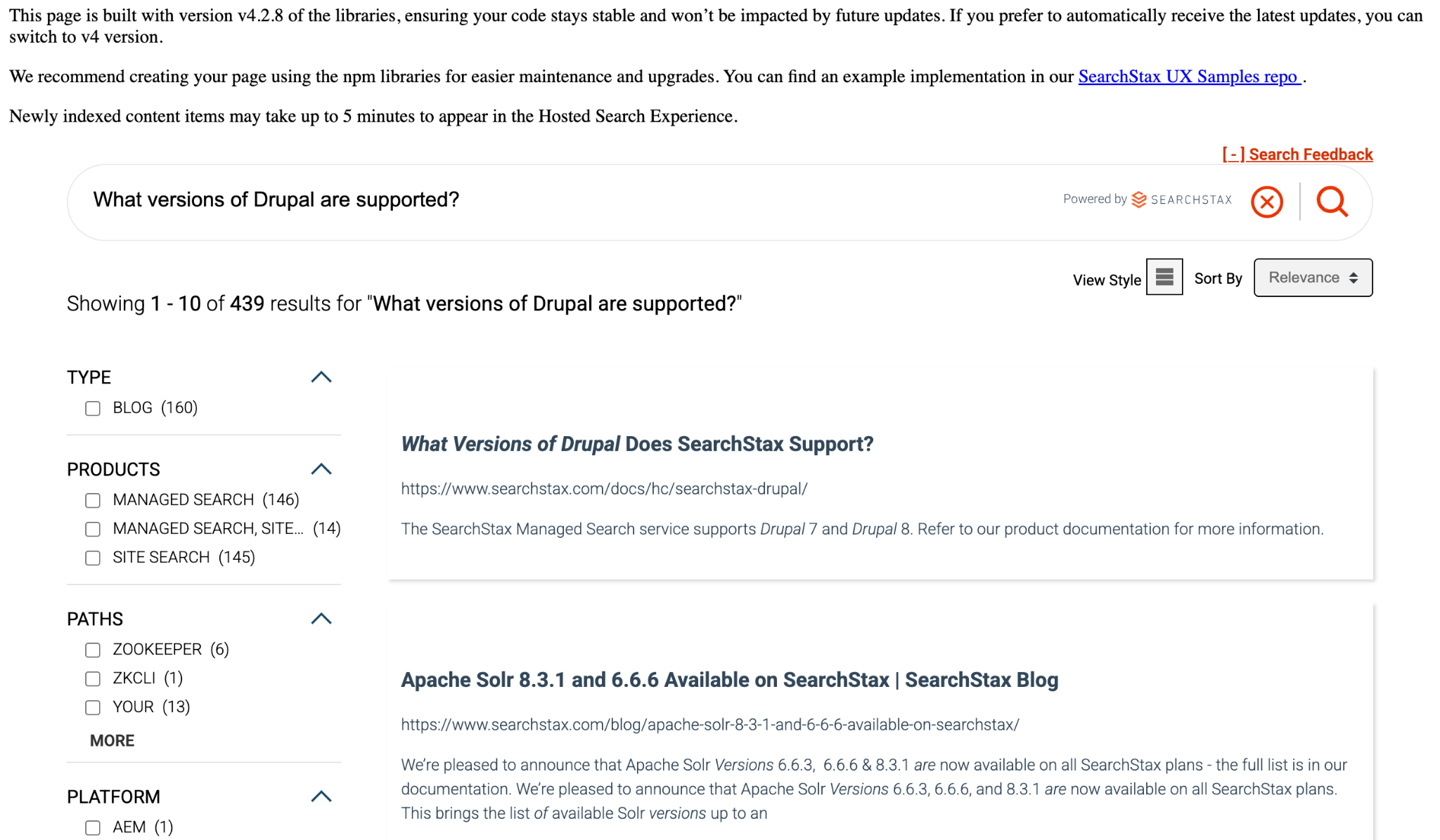 Hosted Search Experience results for the query What versions of Drupal are supported? with a clear icon next to search and filters on the left.