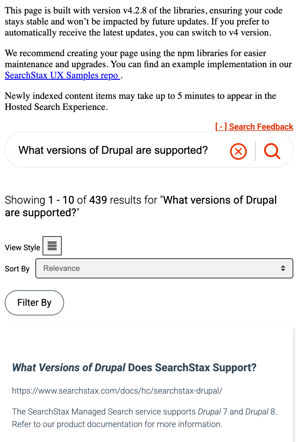 Mobile Hosted Search Experience results for the query What versions of Drupal are supported? with a clear icon next to the search icon.