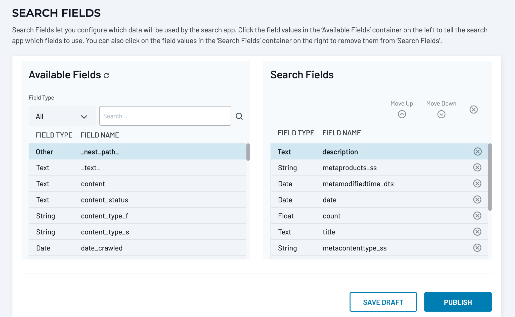 Search Fields screen with a Field Type dropdown, search box, selected field types, and remove controls.